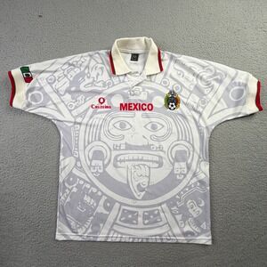 Vintage Mexico Soccer Jersey Cruzeiro Aztec Calendar Grey White Mens 42 Large